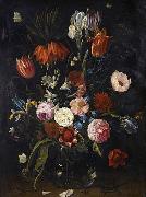 Jan Van Kessel the Younger A still life of tulips, a crown imperial, snowdrops, lilies, irises, roses and other flowers in a glass vase with a lizard, butterflies, a dragonfly a Spain oil painting artist